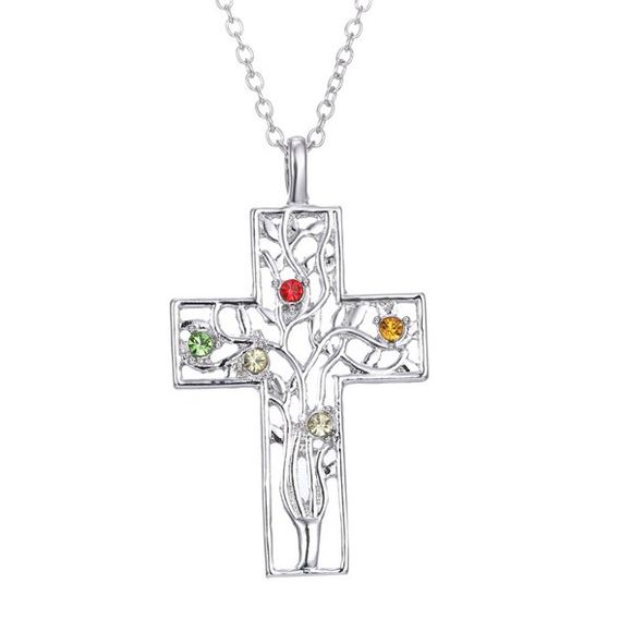 Stunning Rhinestone Cross Tree Necklace For Women - Argent 