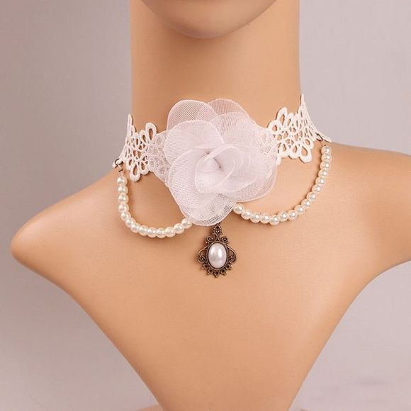 Elegant Faux Pearl Tassel Flower Lace Necklace For Women - Blanc 