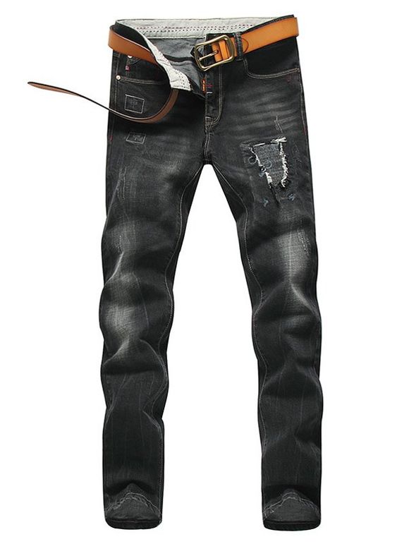 Jeans déchirés à fermeture éclair délavé avec fermeture à glissière et coupe droite pour hommes - Noir 28