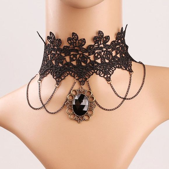 Elegant Faux Gem Tassel Lace Necklace For Women - Noir 