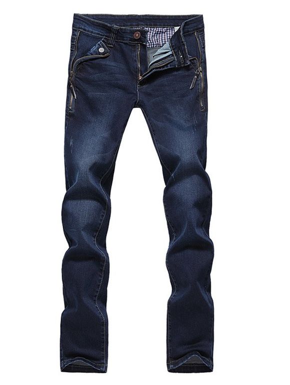 Slim Fit Straight Leg Bleach Wash Side Zip Embellies Jeans Pour Les Hommes - Bleu profond 30