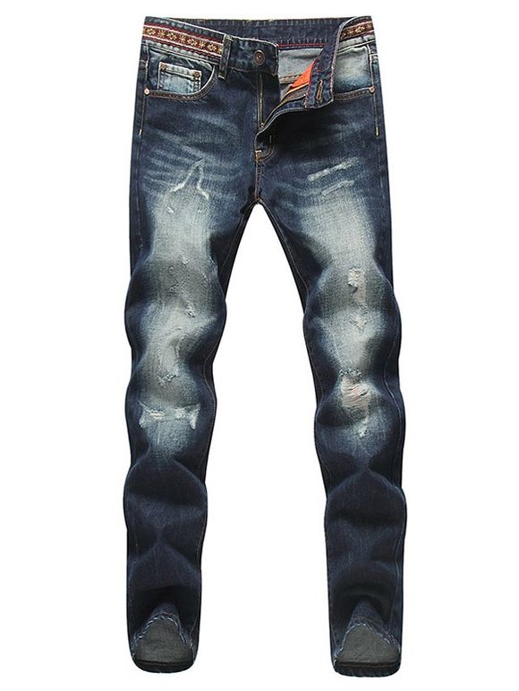 Modish Straight Leg Bleach Wash Zipper Fly Ripped Jeans Pour Les Hommes - Bleu profond 33