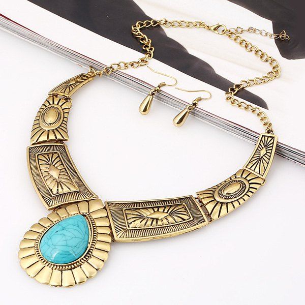 

A Suit of Chic Water Drop Faux Turquoise Necklace and Earrings For Women, Golden