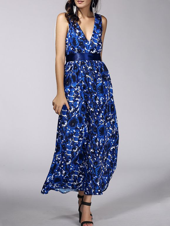 Les femmes à la mode d  'Plongeant cou imprimé floral Robe ceinturée - Bleu XL