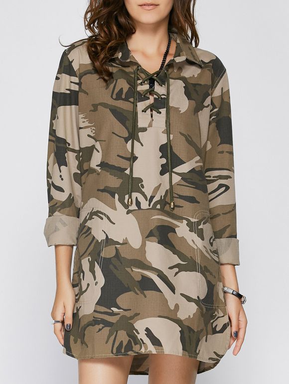 Chemise femme élégante Collier à manches longues à encolure en velours Robe - Camouflage M