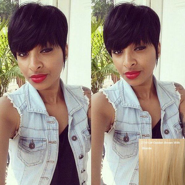 

Fluffy Human Hair Full Bang Short Wig For Women, Golden brown with blonde