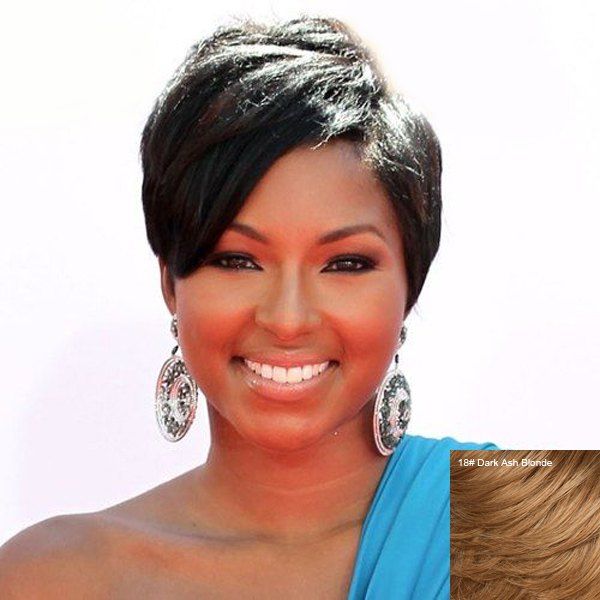 

Women's Fashion Inclined Bang Short Human Hair Wig, Dark ash blonde