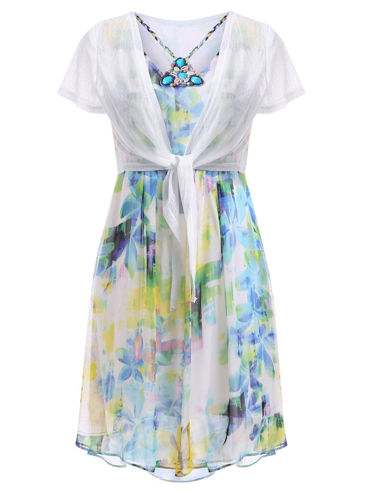

Stylish Women's Floral Print High Low Dress + Short Sleeve Cape Twinset, Light blue