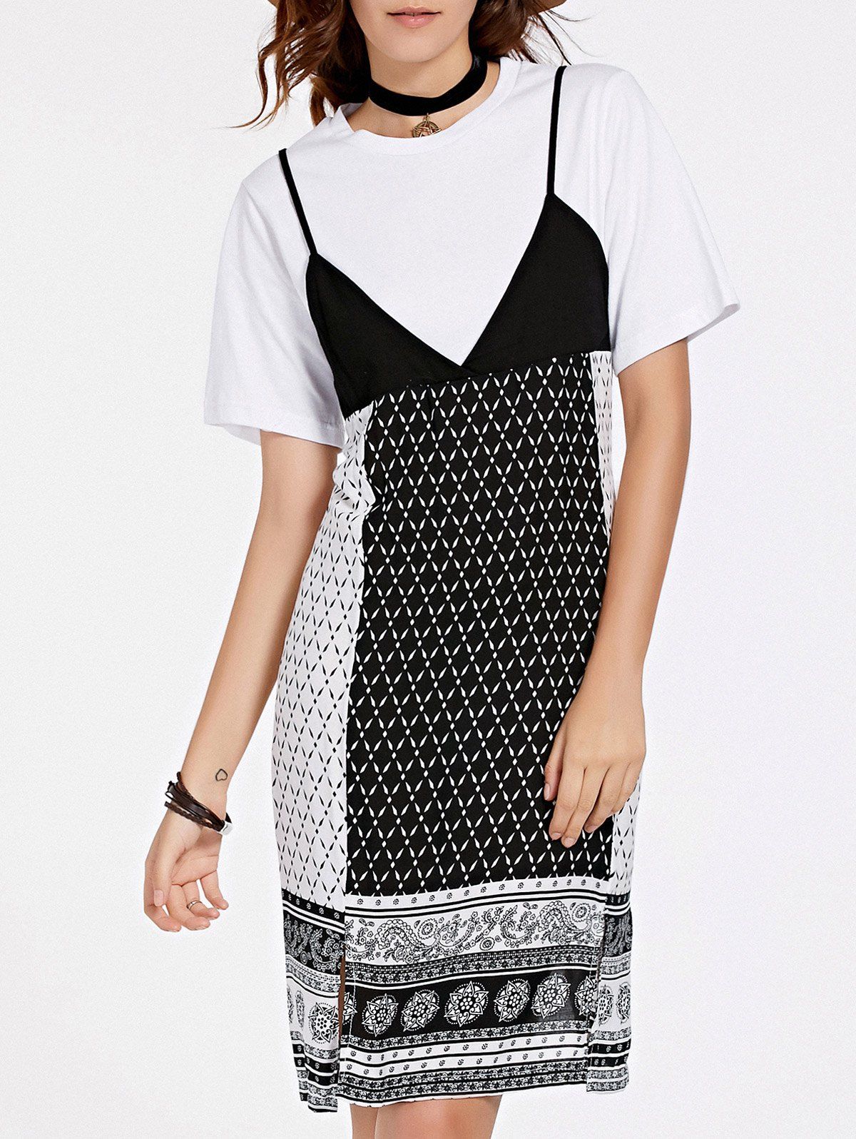 

Stylish Women's Short Sleeve Tribal Print Faux Twinset Dress, Black
