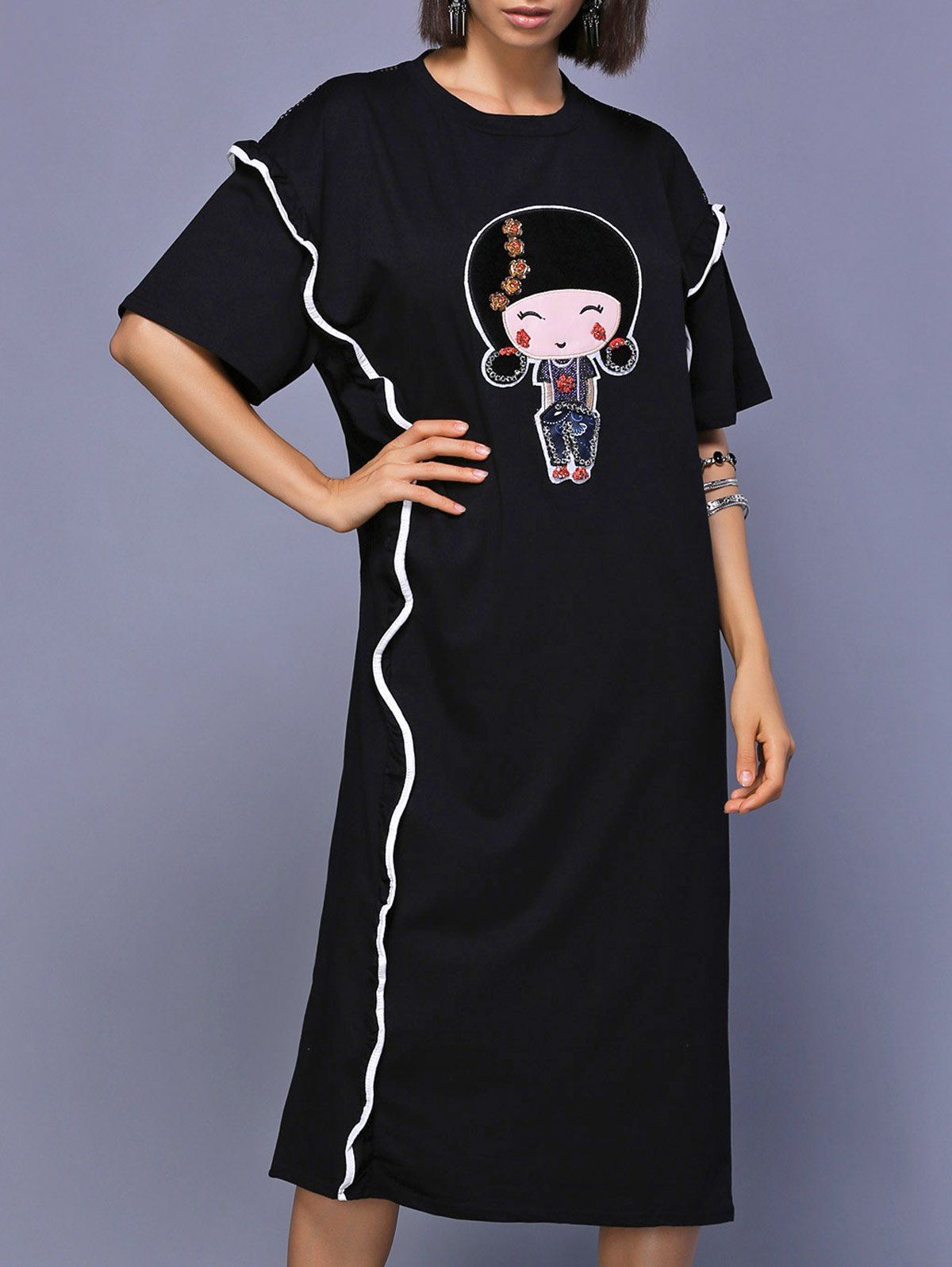 

Stylish Women's 1/2 Sleeve Cartoon Pattern Loose-Fitting Dress, Black