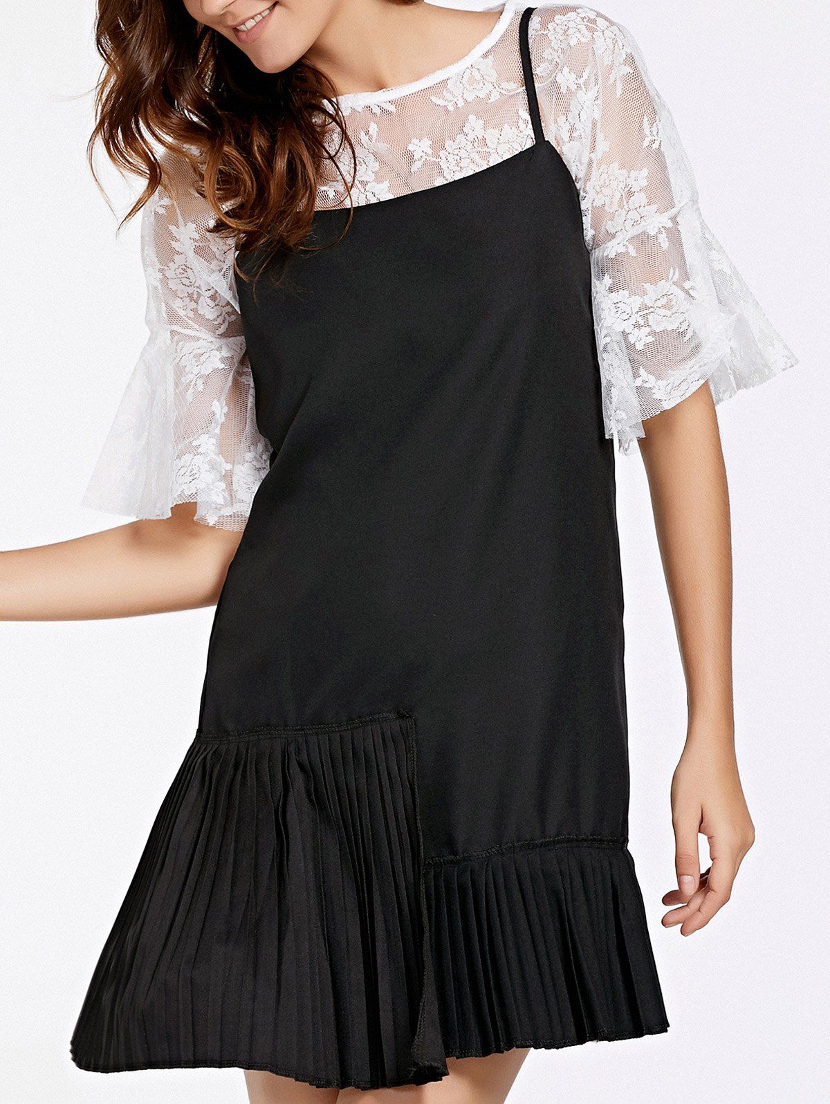 

Sweet Women's Flare Sleeve Blouse + Cami Dress Twinset, Black