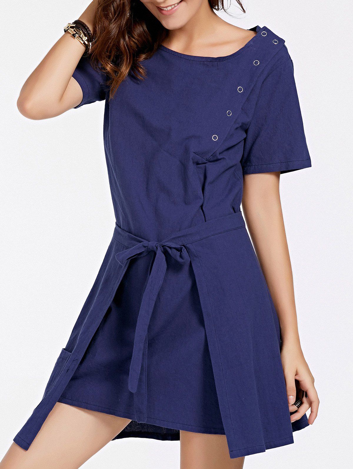 

Stylish Women's Short Sleeve Dress + Self-Tie Cover Up Twinset, Blue