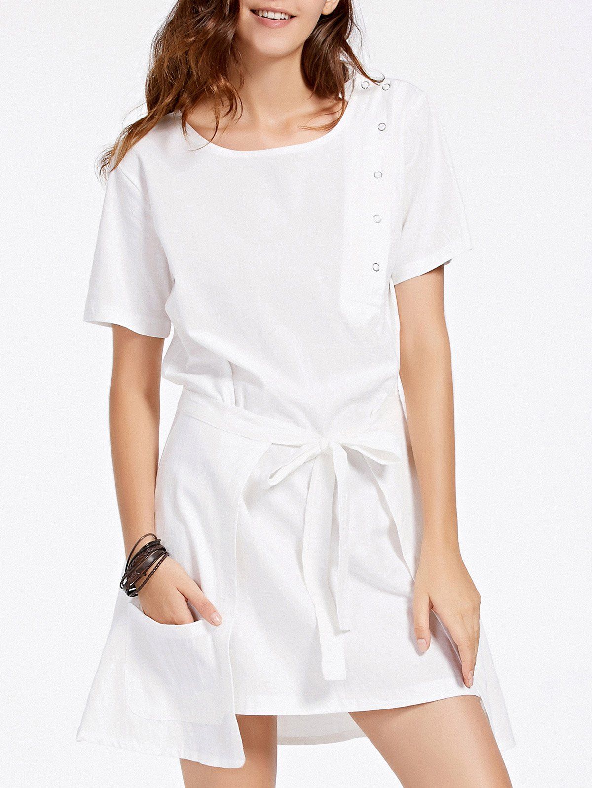 

Stylish Women's Short Sleeve Dress + Self-Tie Cover Up Twinset, White