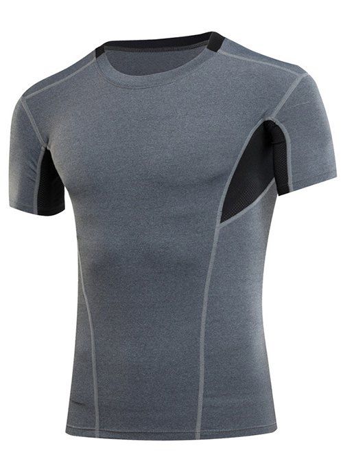

Slimming Compression Elastic Color Block Round Collar Gym T-Shirt For Men, Gray