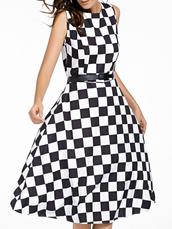 Retro Style Jewel Neck Checked Pattern Sleeveless Women's Dress - Carré 2XL