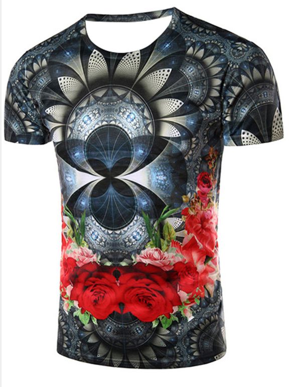 Slimming Flower Printing Pullover T-Shirt For Men - multicolore XL