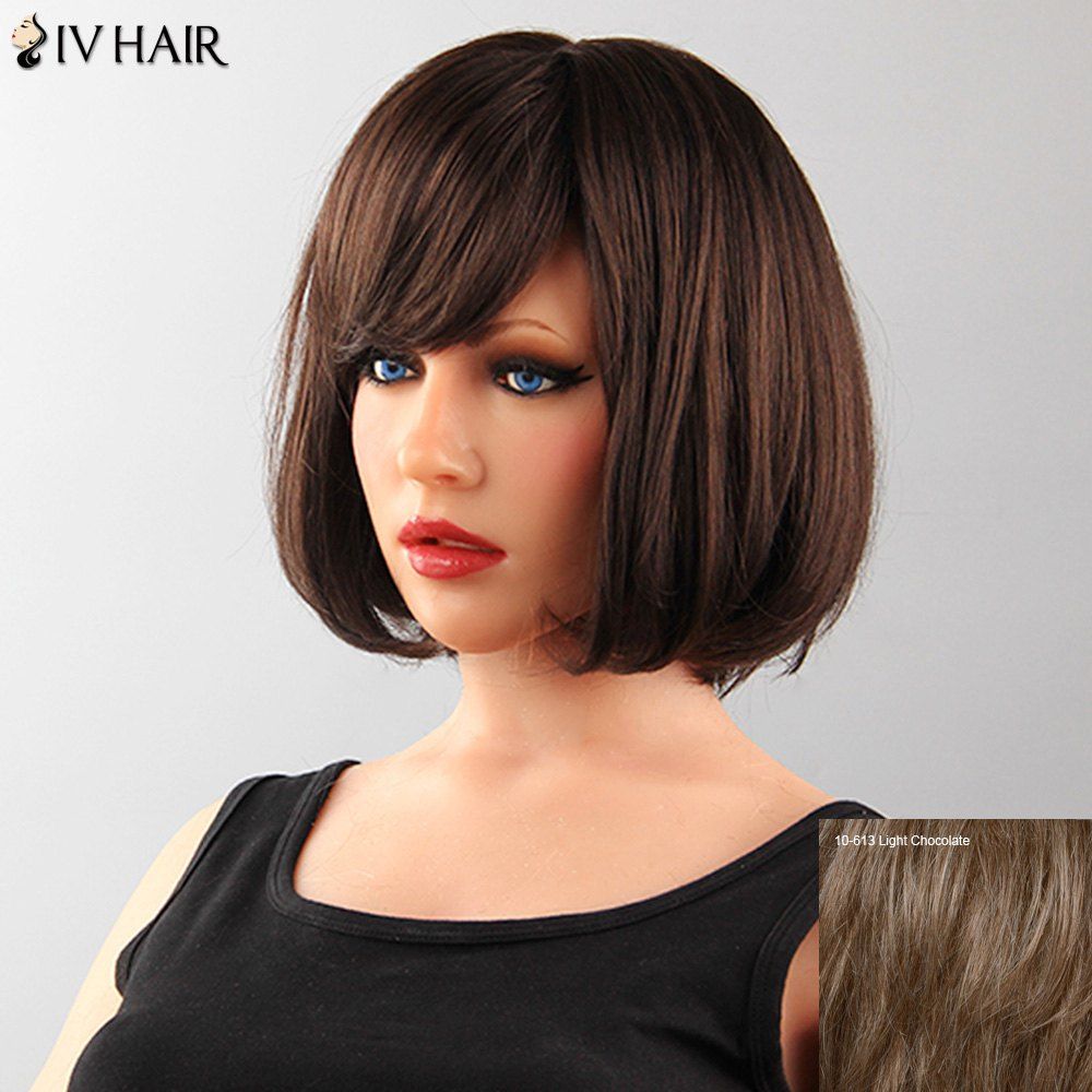 

Charming Human Hair Side Bang Bob Style Medium Straight Capless Siv Wig For Women, Light chocolate