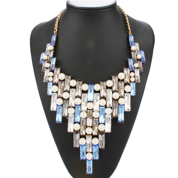 Stylish Faux Gem Artificial Pearl Geometric Statement Necklace For Women - Bleu Glacé 