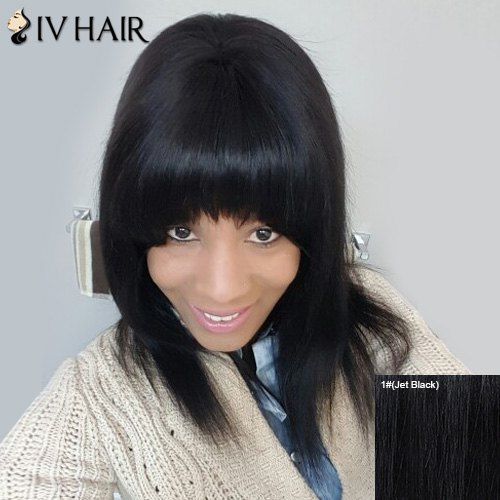 Élégant Plein Bang capless droite Cheveux Siv perruque pour les femmes - Noir Profond 