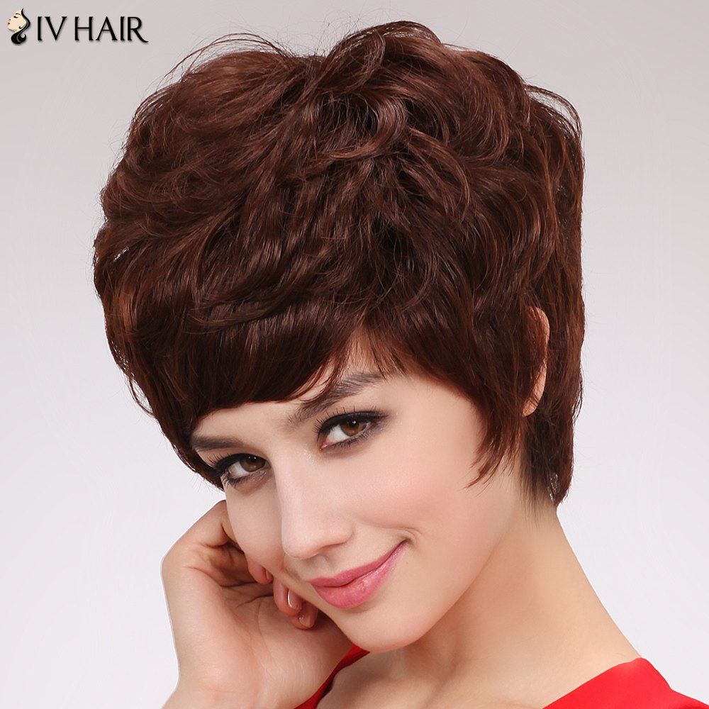 

Charming Human Hair Capless Short Fluffy Curly Full Bang Siv Wig For Women, Dark auburn brown