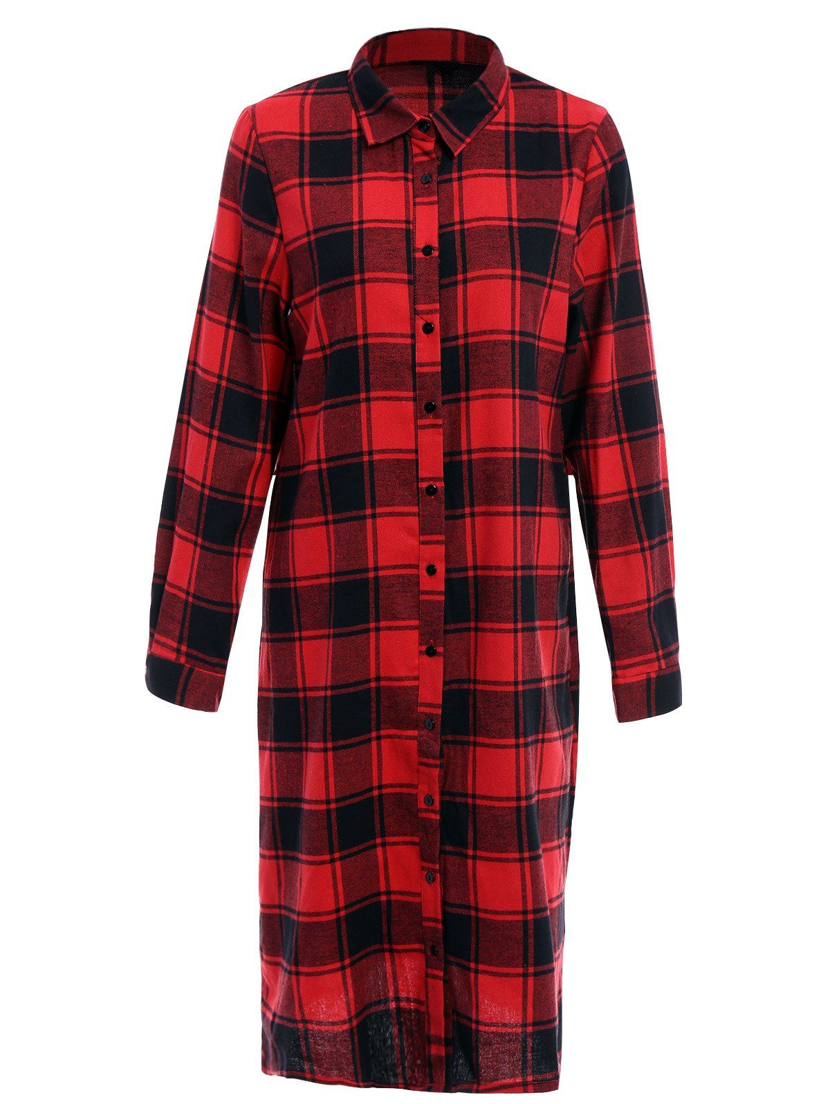 

Trendy Shirt Collar Long Sleeve Plaid Single-Breasted Women's Shirt Dress, Red