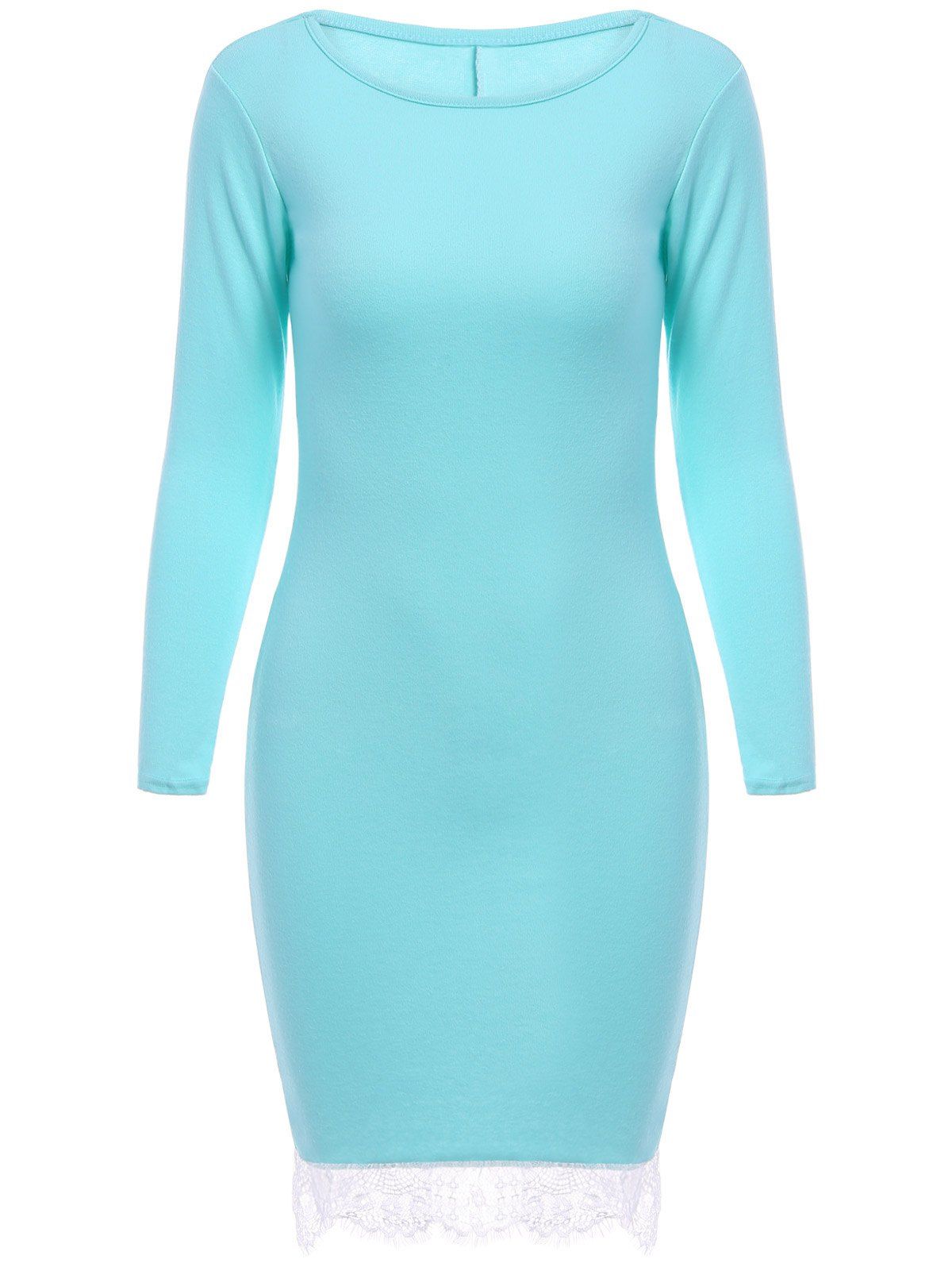 

Elegant Women's Round Collar Laced Long Sleeve Dress, Cyan