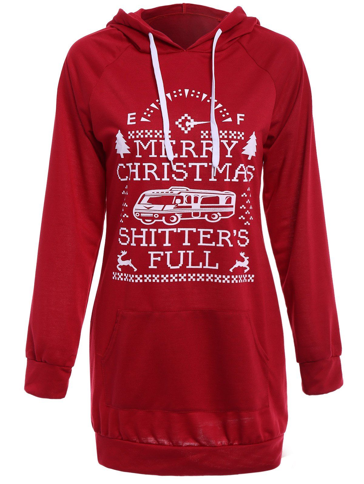 

Chic Hooded Long Sleeve Pocket Design Printed Women's Christmas Dress, Wine red