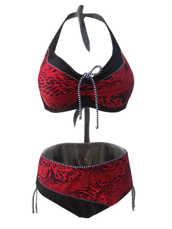 Chic Halter Plus Size Printed Spliced ​​femmes s 'Bikini Set - Rouge 7XL