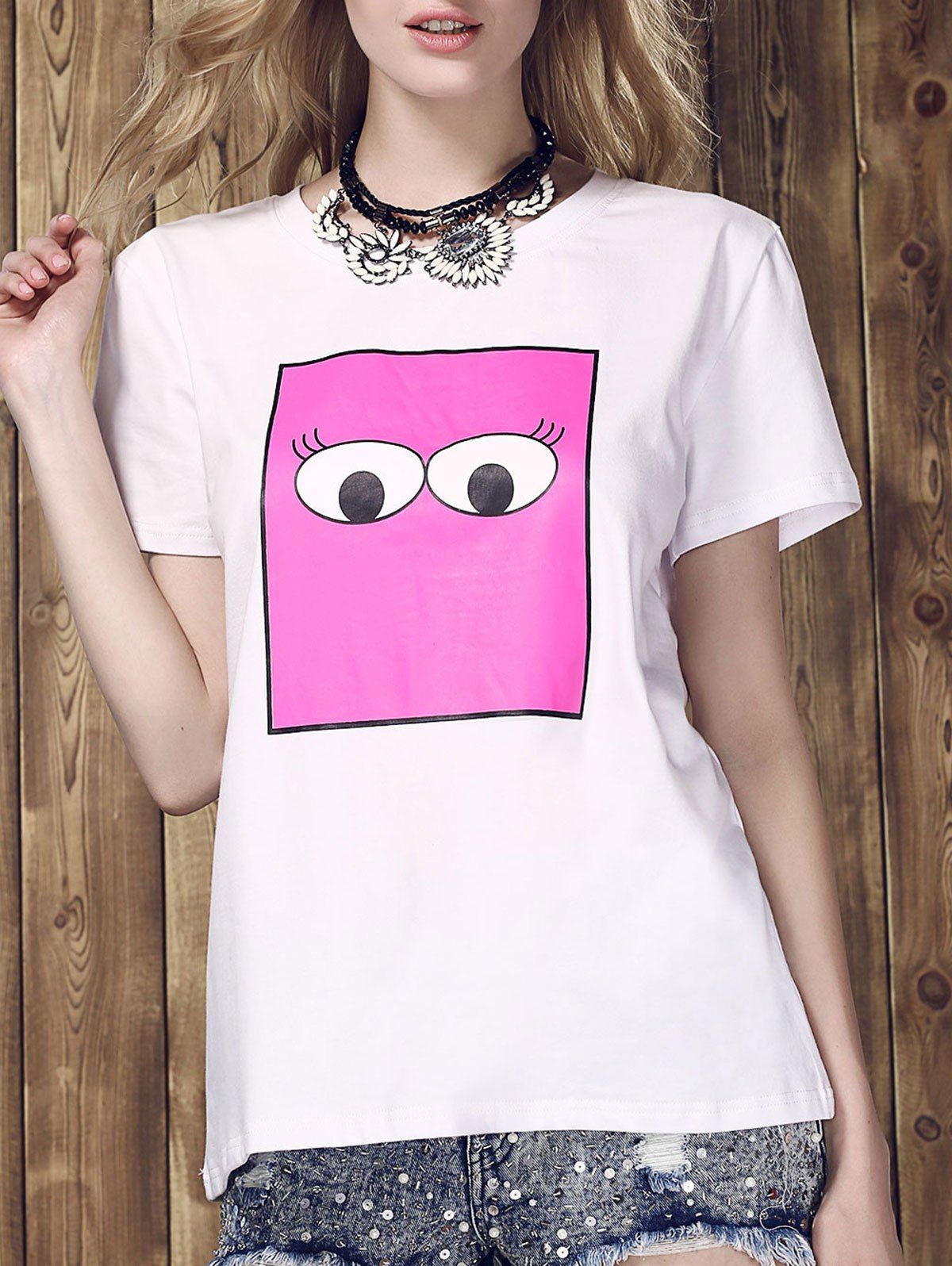 Women's Trendy Monster Eyes Print Round Neck T-Shirt - WHITE L