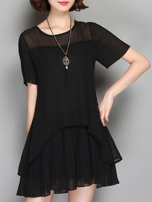 

Sheer Pleated Chiffon Frilled Dress, Black