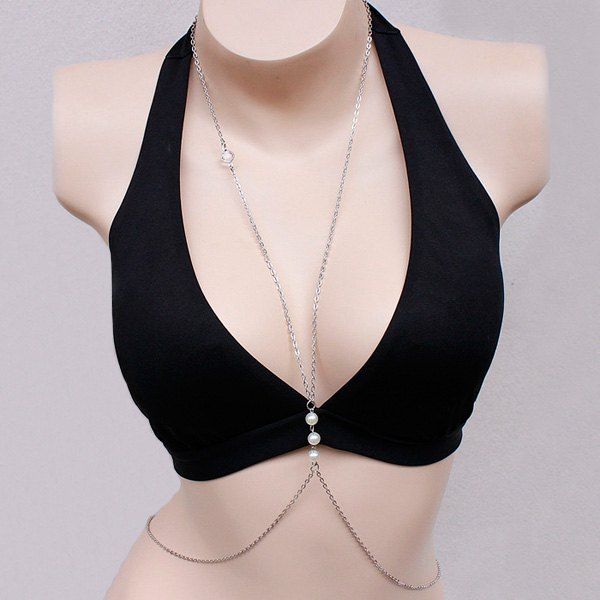 Faux Pearl Bead Bikini Design Body Chain - SILVER 