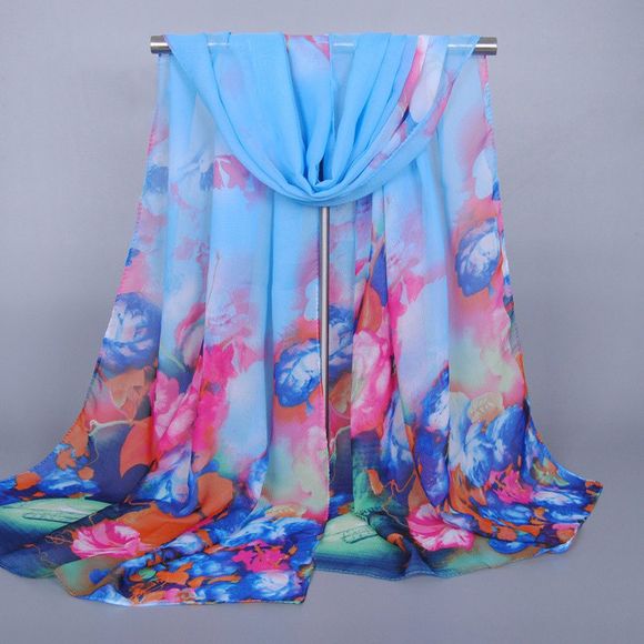 Fleurs d'été fraîches et crème solaire en mousseline de soie Echarpe Motif Vase pour les femmes - Bleu clair 