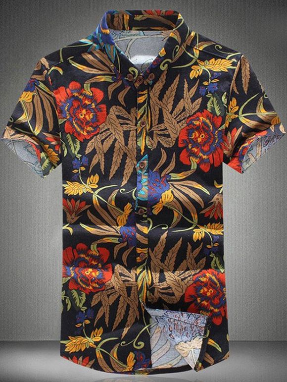 Plus Size Flower Print Turn-down col de manches courtes hommes  Shirt - multicolore 4XL