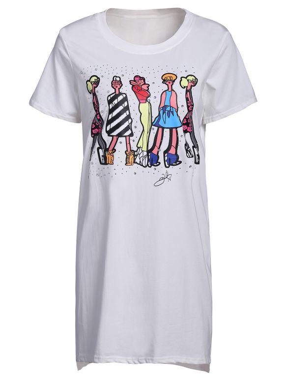 Cute Women's Round Neck Short Sleeve Cartoon Print Long T-Shirt - Blanc 2XL