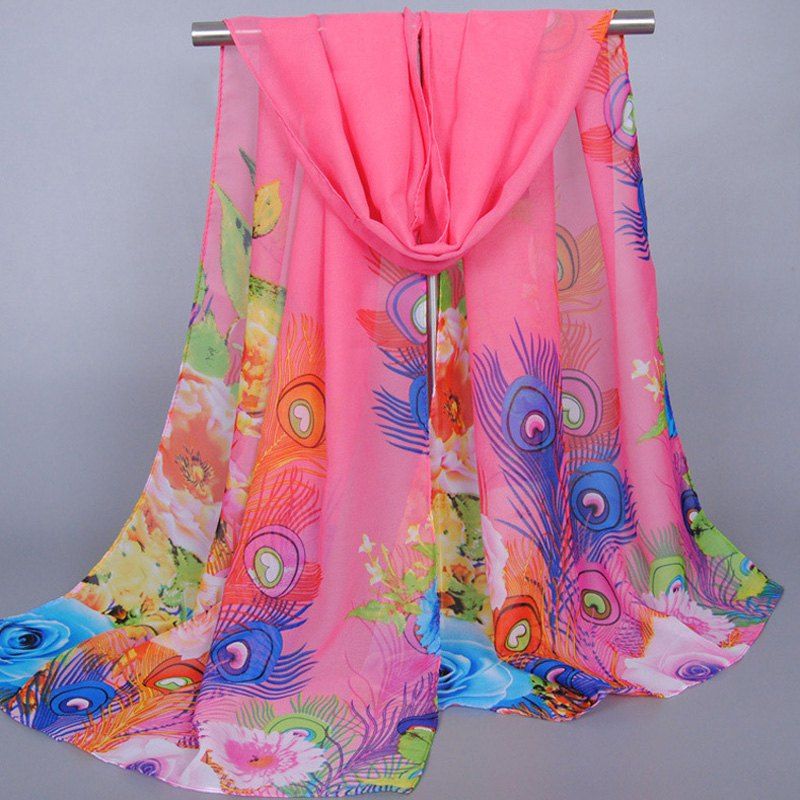 

Chic Flowers Peacock Feathers Pattern Sunscreen Women's Shawl Wrap Chiffon Scarf, Watermelon red