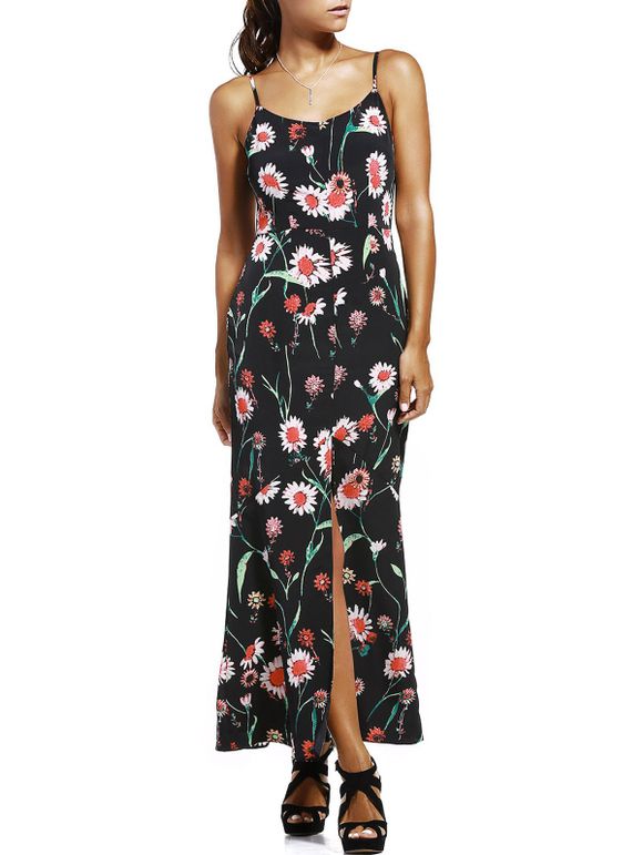 Mode Spaghetti Strap Haute Slit Floral Print Women Dress  's - Noir XL