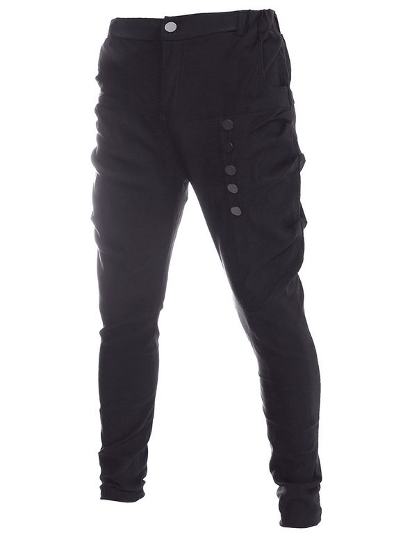 Men's Button Design Solid Color Straight Legs Pants - Noir 2XL