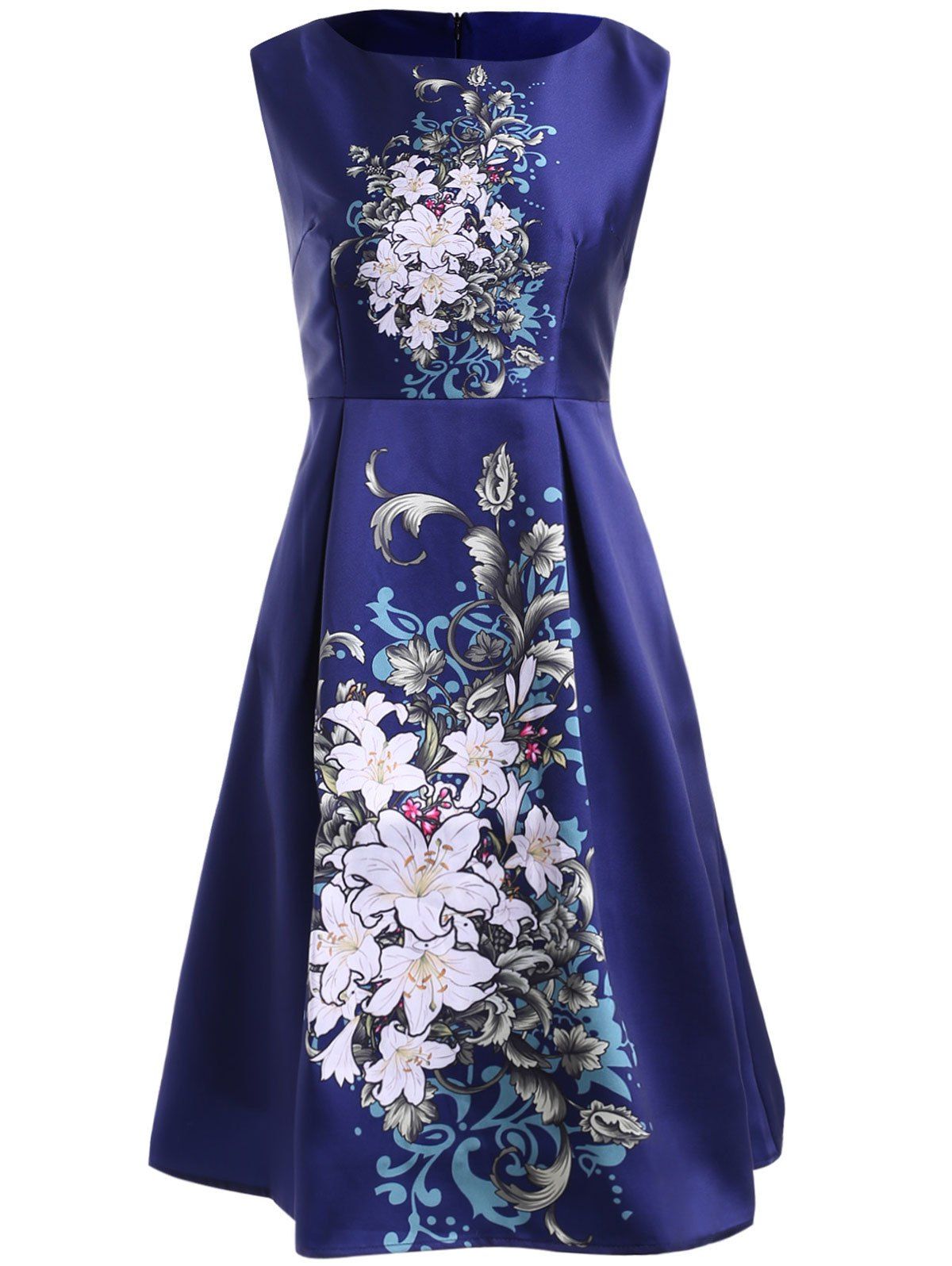 

Simple Style Round Neck Sleeveless Floral Print Dress For Women, Cadetblue