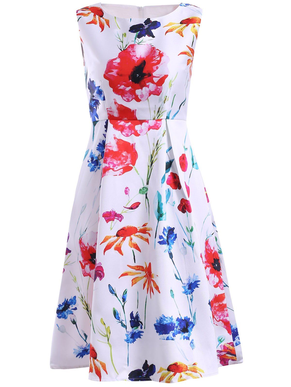 

Simple Style Jewel Neck Sleeveless Floral Print Dress For Women, White