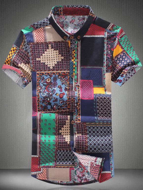 Shirt Bouton-Down s 'Print Shirt Colorful ethnique Collar manches courtes Plus Size Hommes - multicolore 5XL