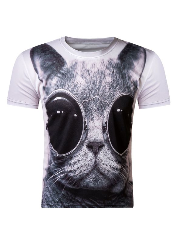 3D col rond Cute Kitten porter des lunettes Imprimer manches courtes T-shirt pour les hommes - multicolore 2XL