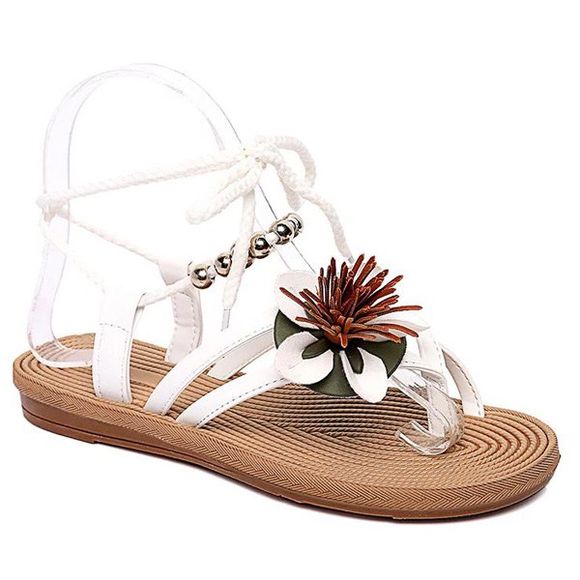 Rome Style Flower and Lace-Up Design Women's Sandals - Blanc 38