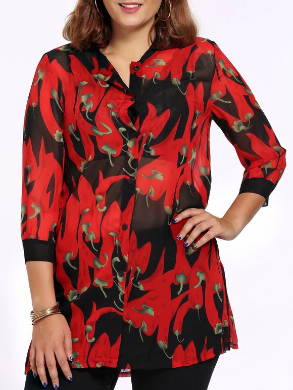 Femmes Chic Plus Size Side Slit Pepper Imprimer  's Shirt - Rouge 2XL