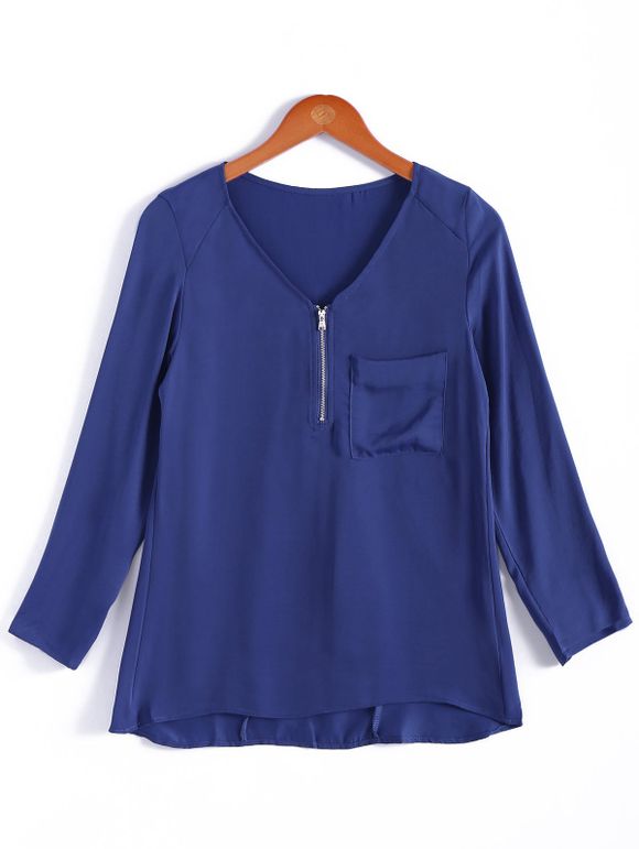 Simple Style V-cou à manches longues Blouse Couleur unie Zipper embellies femmes - Bleu L