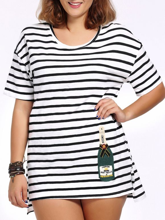 Chic Plus Size High-Low Hem Striped Femmes  's long T-shirt - Blanc et Noir 4XL