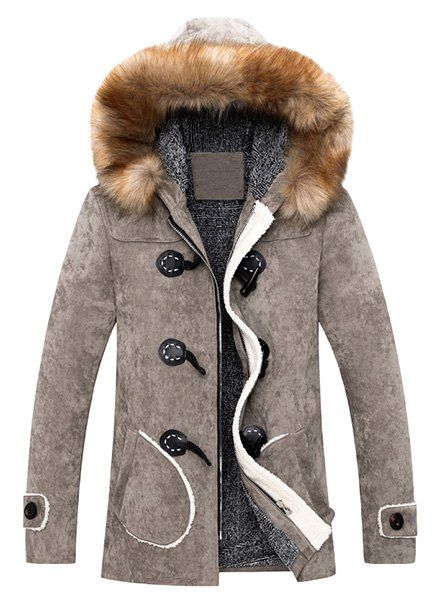Style rétro unique poitrine Fur Hooded Collar Coat Men 's  Solide Couleur - Kaki L