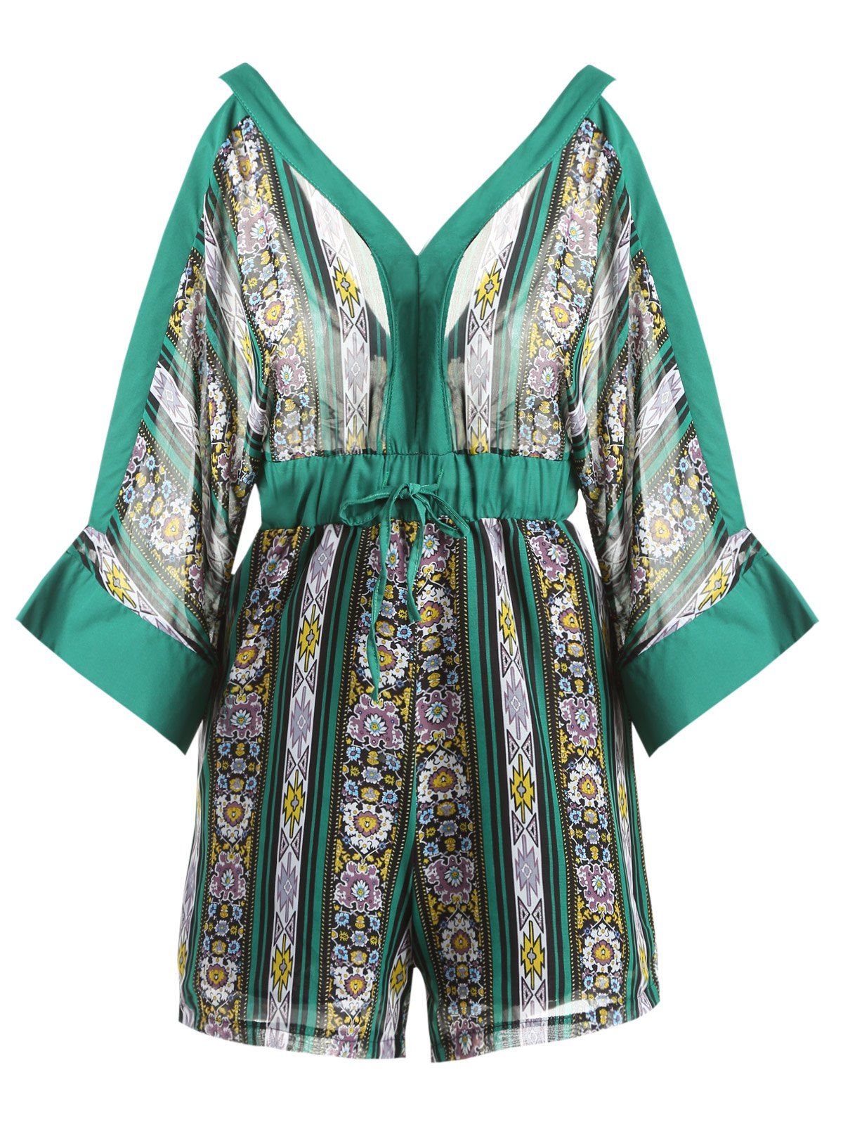 

Ethnic Women's V-Neck Floral Print Drawstring Romper, Green