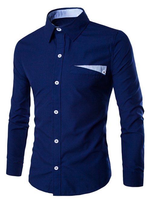 Bloquer Color Design Pocket col rabattu manches longues hommes  's Shirt - Bleu profond XL