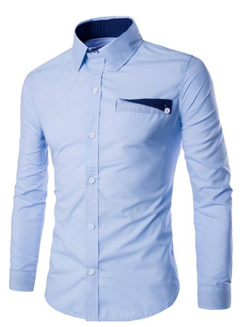 

Color Block Pocket Design Turn-Down Collar Long Sleeve Men's Shirt, Light blue