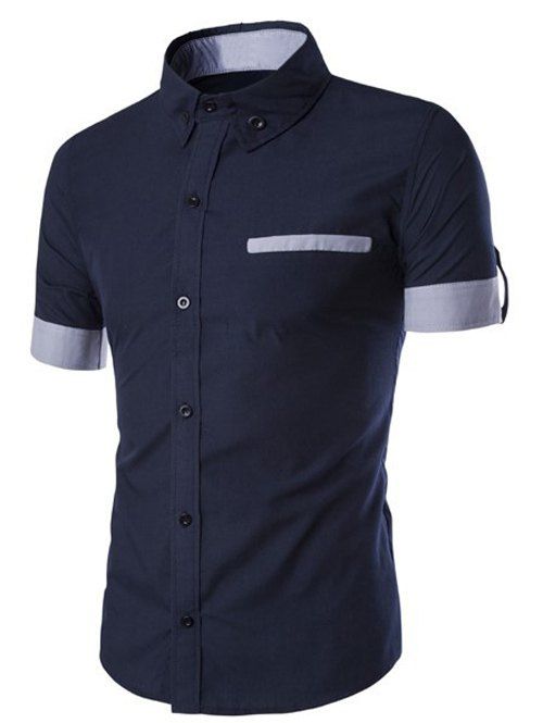 Splicing design Edging col rabattu manches courtes hommes s ' shirt - Cadetblue M